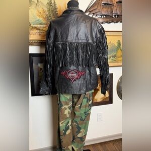Vintage Women's Black Leather Fringed Jacket Size 2XL